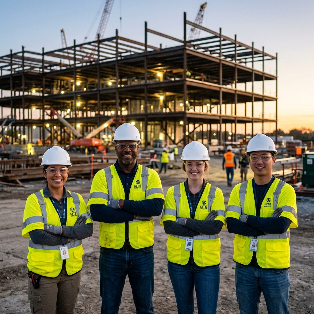 Skilled construction workers standing together at construction site